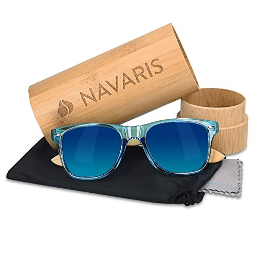 Navaris Gafas de sol UV400 - Gafas de madera para hombre y mujer - Gafas de sol con patillas de madera - Azul