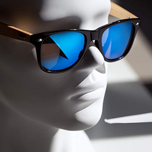 Navaris Gafas de sol UV400 - Gafas de madera para hombre y mujer - Gafas de sol con patillas de madera - Negro y azul