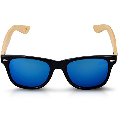 Navaris Gafas de sol UV400 - Gafas de madera para hombre y mujer - Gafas de sol con patillas de madera - Negro y azul
