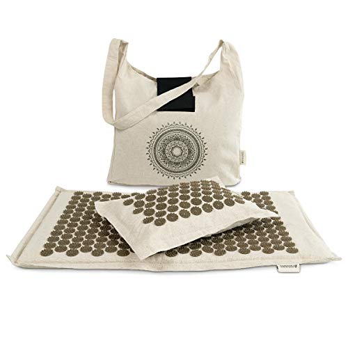 Navaris Kit de masaje de acupresión - Set ecológico 1x esterilla de acupuntura 1x almohada - Manta con pinchos para masaje de fibra de coco y trigo