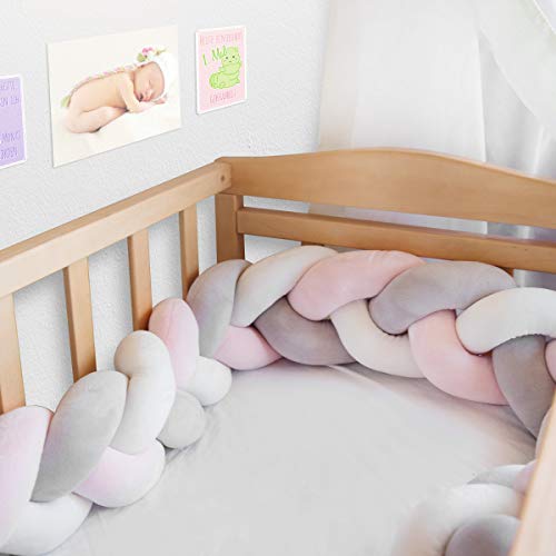 Navaris Protector para cuna de bebé - Trenza chichonera para bordes de cama - Cojín trenzado de 200 CM - Almohada con nudos - Rosa blanco y gris