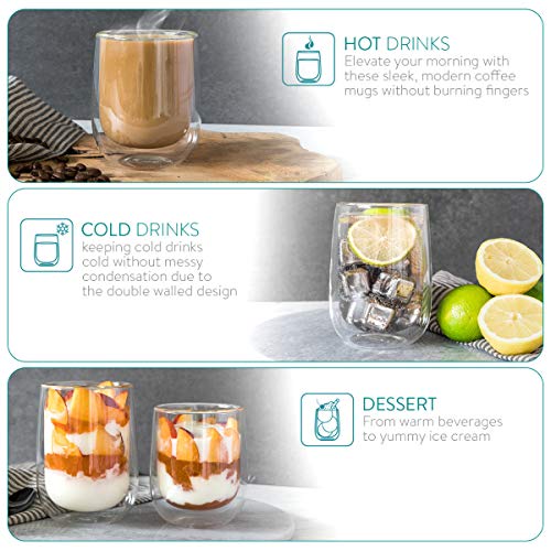Navaris Set de 4 Vasos de Doble Cristal - Taza de 450ml de Doble Pared Resistente al Calor - para café te Helado Bebidas Calientes frías o postres