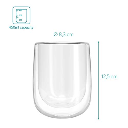 Navaris Set de 4 Vasos de Doble Cristal - Taza de 450ml de Doble Pared Resistente al Calor - para café te Helado Bebidas Calientes frías o postres