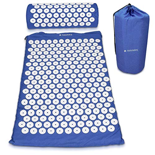 Navaris Set de masaje de acupresión - Esterilla de acupuntura y almohada - Manta para alivio de contracturas musculares dolor muscular Azul y blanco
