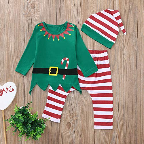 Navidad Conjunto Bebe Niña Niño Recien Nacido Elfo Tops + Pantalones a Raya + Gorra Disfraz Navidad Ropa