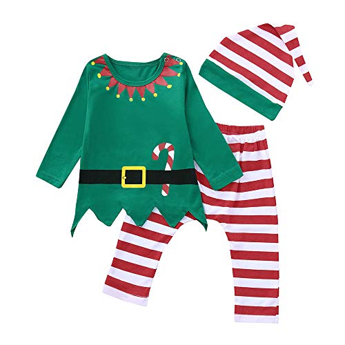 Navidad Conjunto Bebe Niña Niño Recien Nacido Elfo Tops + Pantalones a Raya + Gorra Disfraz Navidad Ropa