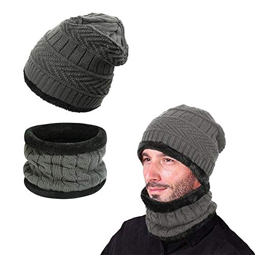 Ndier Conjunto De Bufanda Sombrero para Hombre y Mujer de Gorro de Invierno Unisex Sombrero Caliente de Punto Gorra Bufanda con Forro de Lana (Gris)
