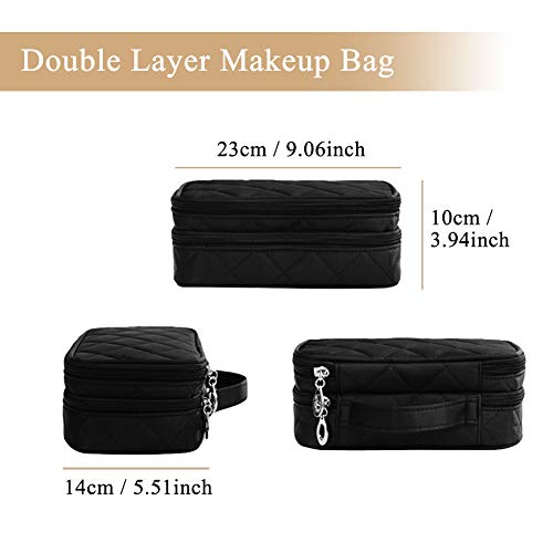 Neceser de maquillaje, neceser de viaje, organizador de brochas de maquillaje, con espejo y compartimentos, grande portátil, doble capa, negro, impermeable, para mujeres y niñas, 23 x 14 x 10 cm