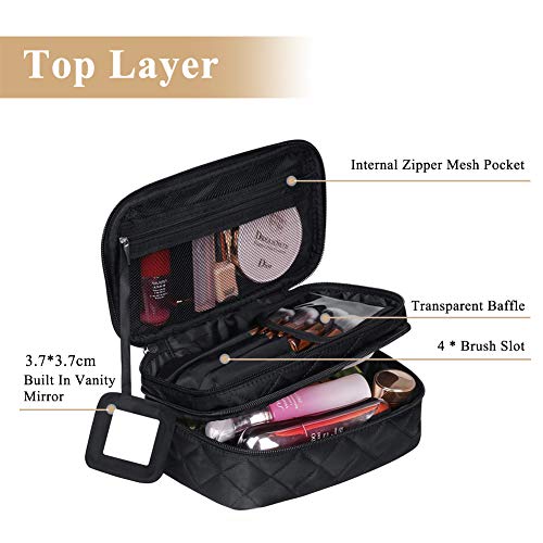 Neceser de maquillaje, neceser de viaje, organizador de brochas de maquillaje, con espejo y compartimentos, grande portátil, doble capa, negro, impermeable, para mujeres y niñas, 23 x 14 x 10 cm
