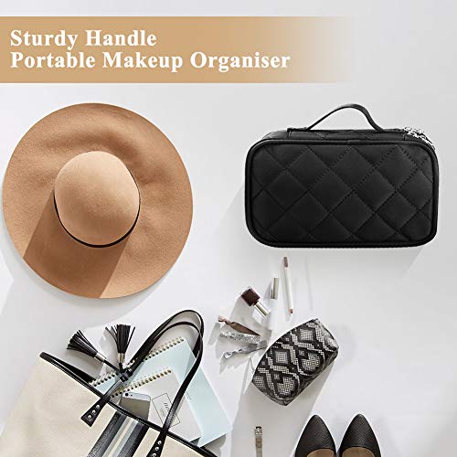 Neceser de maquillaje, neceser de viaje, organizador de brochas de maquillaje, con espejo y compartimentos, grande portátil, doble capa, negro, impermeable, para mujeres y niñas, 23 x 14 x 10 cm