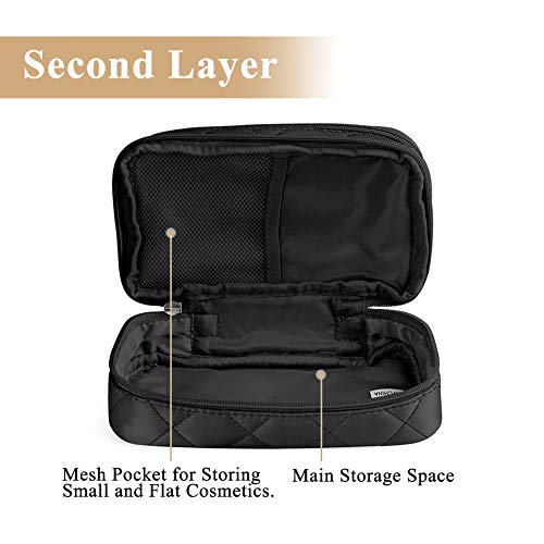 Neceser de maquillaje, neceser de viaje, organizador de brochas de maquillaje, con espejo y compartimentos, grande portátil, doble capa, negro, impermeable, para mujeres y niñas, 23 x 14 x 10 cm