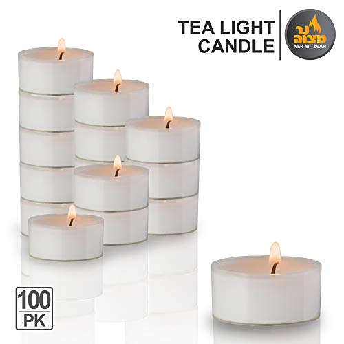 Ner Mitzvah Taza Clara Velas de Té - Pack de 100 Velas - Velas Blancas, para Centros de Mesa y Viaje 4 Horas de Duración de Encendido - Cera Prensada
