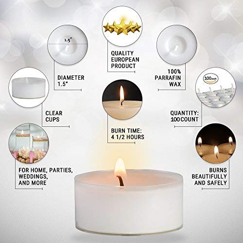 Ner Mitzvah Taza Clara Velas de Té - Pack de 100 Velas - Velas Blancas, para Centros de Mesa y Viaje 4 Horas de Duración de Encendido - Cera Prensada