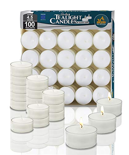 Ner Mitzvah Taza Clara Velas de Té - Pack de 100 Velas - Velas Blancas, para Centros de Mesa y Viaje 4 Horas de Duración de Encendido - Cera Prensada