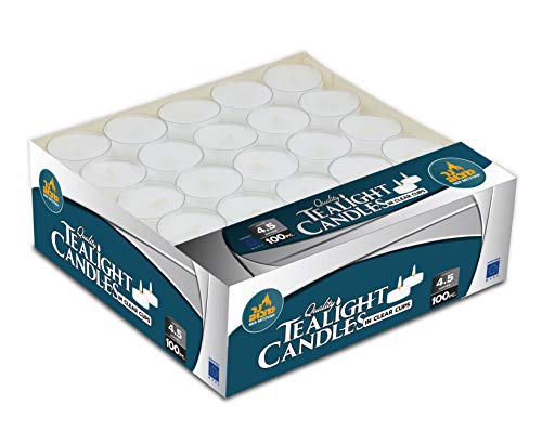 Ner Mitzvah Taza Clara Velas de Té - Pack de 100 Velas - Velas Blancas, para Centros de Mesa y Viaje 4 Horas de Duración de Encendido - Cera Prensada