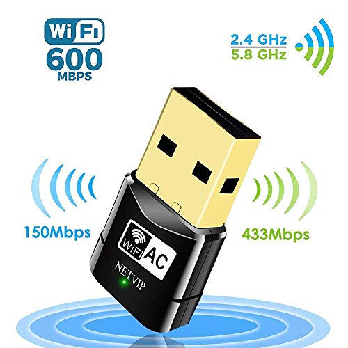 NETVIP WiFi Adaptador AC 600Mbps Mini USB WiFi Receptor Dual Band 2.4G/5GHz, WiFi Antena para PC Desktop Laptop Tablet, Soporta Mac OS X 10.6-10.14 /Windows XP/Vista /7/8/10