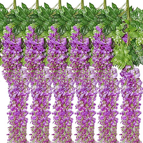 New rui cheng Artificial Flowe Vine Ratta Guirnalda Colgante Seda Wisteria Flores Púrpura 12Paquete Conjunto Flores Falsas Hojas Verdes Planta de Plástico Para Fiesta en Casa Jardín Decoración de Boda