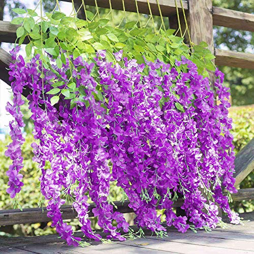 New rui cheng Artificial Flowe Vine Ratta Guirnalda Colgante Seda Wisteria Flores Púrpura 12Paquete Conjunto Flores Falsas Hojas Verdes Planta de Plástico Para Fiesta en Casa Jardín Decoración de Boda