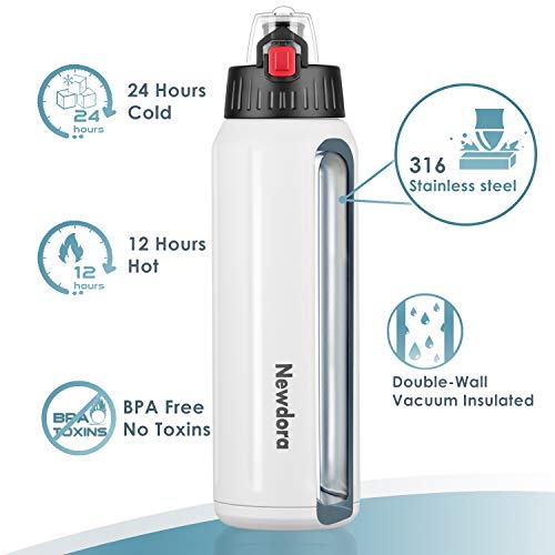 Newdora Botella Agua Deportiva, Botella Termica con Doble Asilamiento al Vacío,sin BPA, 316 Acero Inoxidable, Mantiene Bebidas Frías o Calientes para Viaje, Correr, Gimnasio, Ciclismo,600ML,Blanco