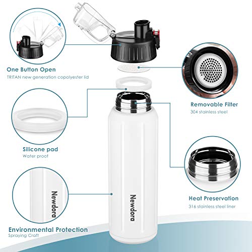 Newdora Botella Agua Deportiva, Botella Termica con Doble Asilamiento al Vacío,sin BPA, 316 Acero Inoxidable, Mantiene Bebidas Frías o Calientes para Viaje, Correr, Gimnasio, Ciclismo,600ML,Blanco