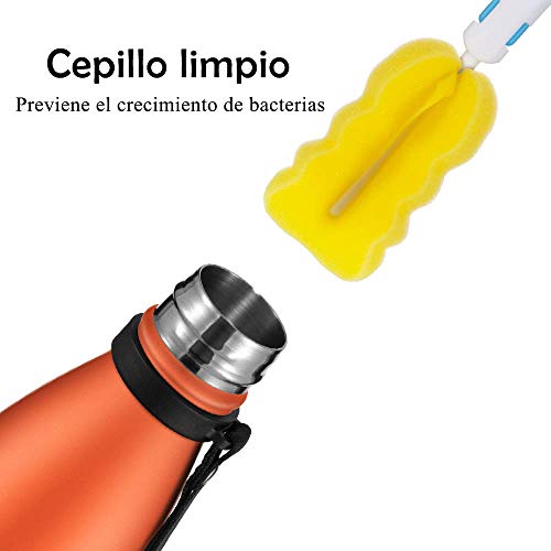 Newdora Botella de Agua Acero Inoxidable 500ml, Aislamiento de Vacío de Doble Pared, Botellas de Frío/Caliente, con 1 un Cepillo de Limpieza, para Niños, Deporte, Oficina, Gimnasio, Naranja