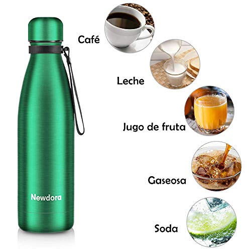 Newdora Botella de Agua Acero Inoxidable 500ml, Aislamiento de Vacío de Doble Pared, Botellas de Frío/Caliente, con 1 un Cepillo de Limpieza, para Niños, Deporte, Oficina, Gimnasio, Ciclismo