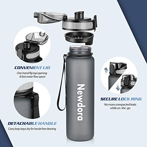 Newdora Botella de Agua Deportiva, 650ml, Plástico de Poliéster, Sin BPA, a Prueba de Fugas, Botella Agua Bicicleta, Botella con Filtro, para Viaje, Gimnasio, Correr
