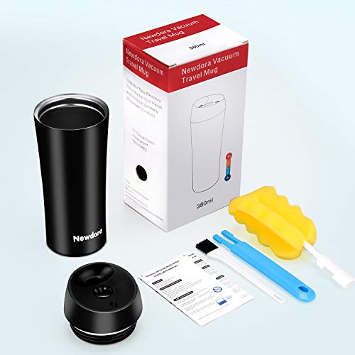 Newdora Termo Café, Vaso Termico Cafe de 380ml con Tapa, Botella Acero Inoxidable Agua para Viajes Oficina en casa Escuela Trabajos Camping（Negro）