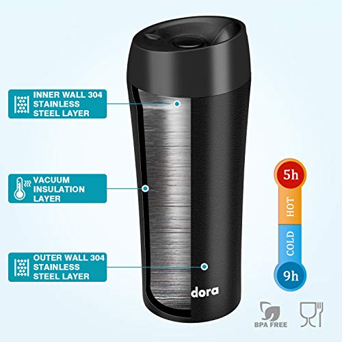 Newdora Termo Café, Vaso Termico Cafe de 380ml con Tapa, Botella Acero Inoxidable Agua para Viajes Oficina en casa Escuela Trabajos Camping（Negro）