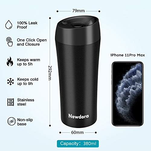 Newdora Termo Café, Vaso Termico Cafe de 380ml con Tapa, Botella Acero Inoxidable Agua para Viajes Oficina en casa Escuela Trabajos Camping（Negro）
