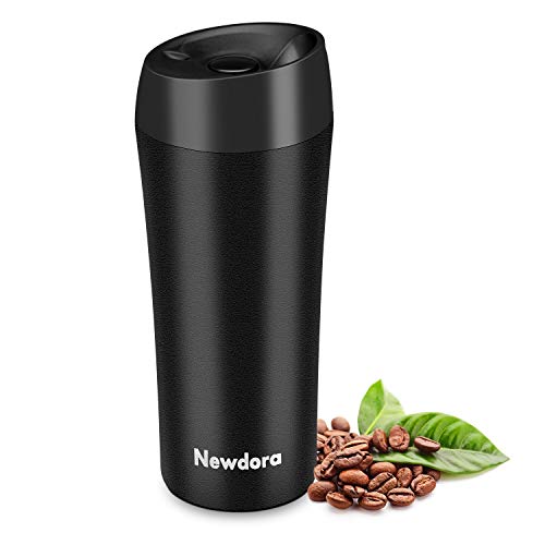 Newdora Termo Café, Vaso Termico Cafe de 380ml con Tapa, Botella Acero Inoxidable Agua para Viajes Oficina en casa Escuela Trabajos Camping（Negro）