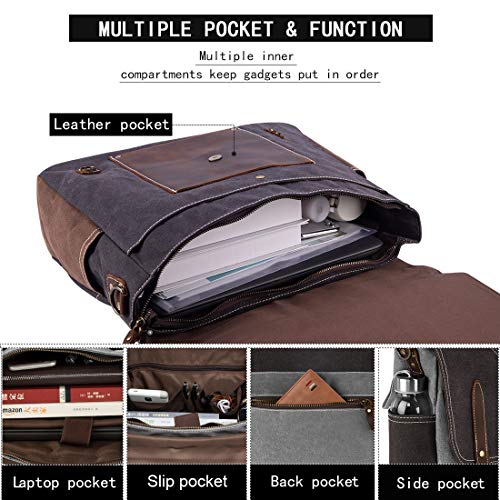 NEWHEY Bolsa Mensajero Maletin Hombre Vintage Resistentes Bolso Bandolera Hombre Impermeable Lona Bandolera para Ordenador Portátil 15.6 Gris