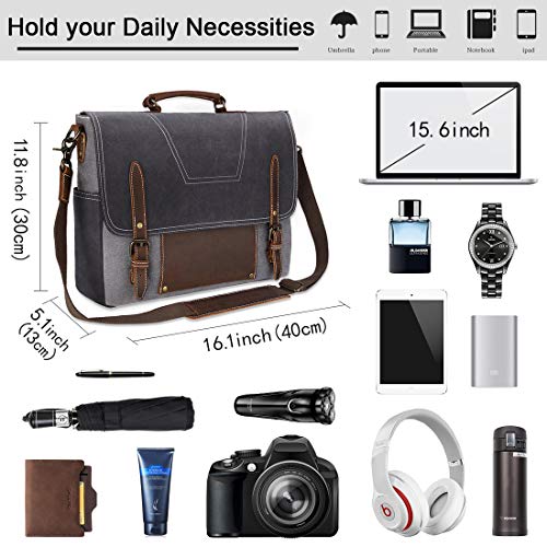 NEWHEY Bolsa Mensajero Maletin Hombre Vintage Resistentes Bolso Bandolera Hombre Impermeable Lona Bandolera para Ordenador Portátil 15.6 Gris