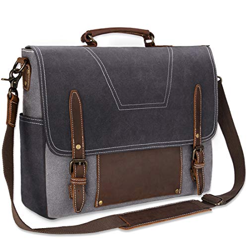 NEWHEY Bolsa Mensajero Maletin Hombre Vintage Resistentes Bolso Bandolera Hombre Impermeable Lona Bandolera para Ordenador Portátil 15.6 Gris