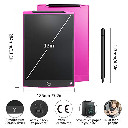 NEWYES 12" Tableta de Escritura LCD, Tableta gráfica, Ideal para hogar, Escuela u Oficina. Pilas Incluidas y 2 Imanes para la Nevera (Rosa)