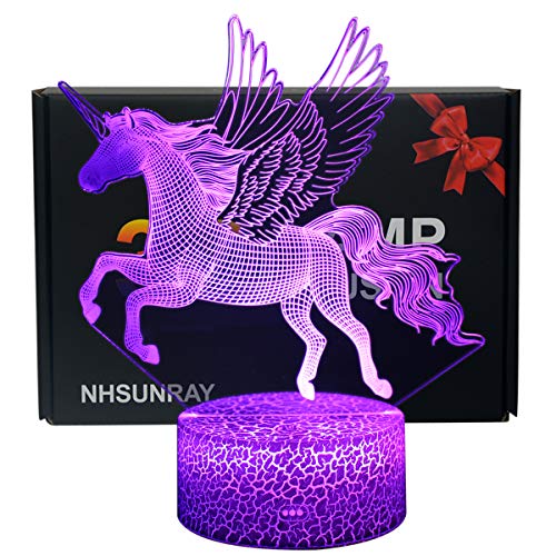 NHSUNRAY luces de noche de unicornio 3D, lámpara de ilusión de unicornio, 7 colores cambiantes, interruptor inteligente, lámpara de decoración para cumpleaños, San Valentín, regalos para niños y niñas