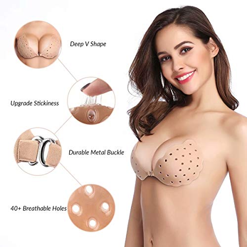 Niidor Sujetador Adhesivo Tirantes Pegajoso Invisible Sujetador Push Up Tapas de niple de Silicona para Vestido sin Espalda-Desnudo Transpirable-B