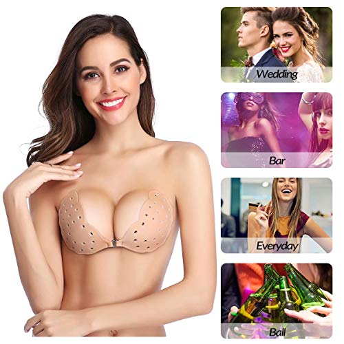 Niidor Sujetador Adhesivo Tirantes Pegajoso Invisible Sujetador Push Up Tapas de niple de Silicona para Vestido sin Espalda-Desnudo Transpirable-B