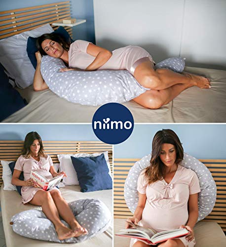 Niivetto Almohada Embarazo Dormir y Cojin Lactancia Bebe XXL Funda 100% Algodon Desenfundable y Lavable Relleno de Fibra Hueca Poliester Siliconado by Niimo (Gris-Estrella Blanca)