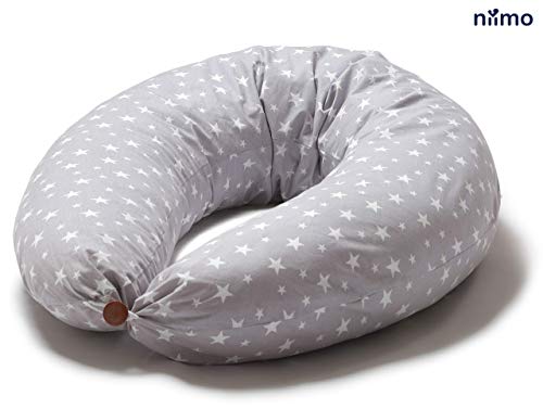 Niivetto Almohada Embarazo Dormir y Cojin Lactancia Bebe XXL Funda 100% Algodon Desenfundable y Lavable Relleno de Fibra Hueca Poliester Siliconado by Niimo (Gris-Estrella Blanca)