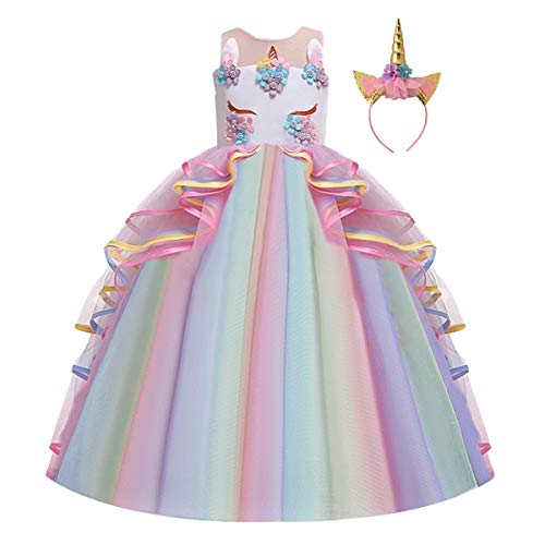 Niñas Disfraz de Halloween Princesa Vestido de Unicornio para Chicas Cumpleaños de Boda Carnaval de Fiesta de Cosplay Navidad Comunión Flor Vestidos de Baile con Diadema Multicolor 4-5