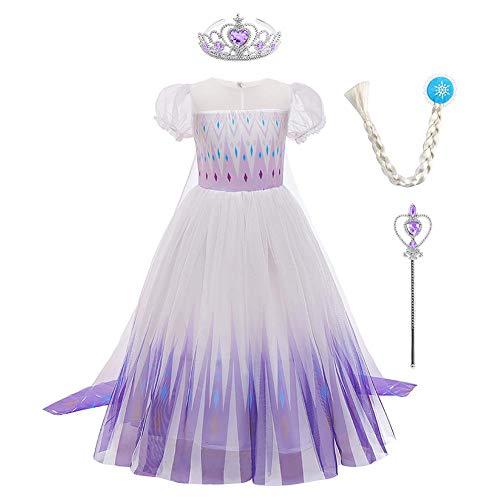 Niñas Vestido de Princesa Elsa Elegante Disfraz de Reina Festivo y Accesorios Conjunto Corona Cetro Peluca Chica Cosplay Traje de Fiesta Carnaval Navidad Boda Fiesta Manga Corta Morado 3-4 Años