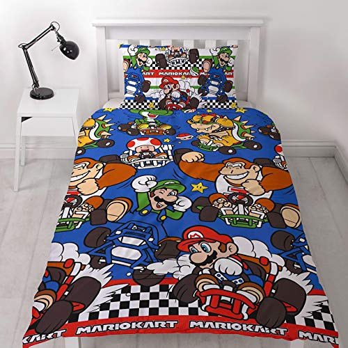 Nintendo Mario Kart - Juego de cama reversible para cama individual o doble, diseño de raceros, multicolor, edredón para cama individual
