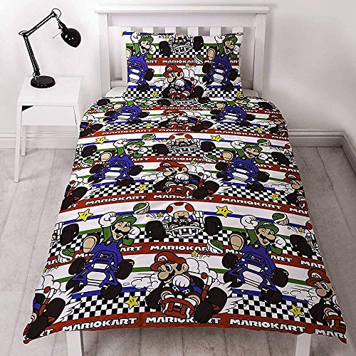 Nintendo Mario Kart - Juego de cama reversible para cama individual o doble, diseño de raceros, multicolor, edredón para cama individual