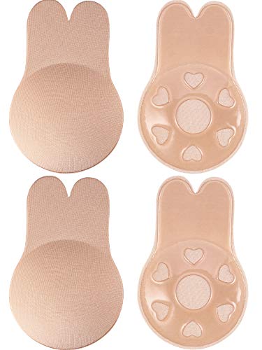 Nipplecovers de elevación 2 Piezas Mujer Conejo Sin Tirantes Sujetador sin Respaldo, Sujetador Invisible de Silicona Autoadhesivo (Carne, L)