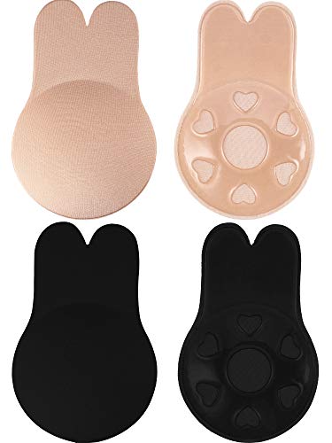 Nipplecovers de elevación 2 Piezas Mujer Conejo Sin Tirantes Sujetador sin Respaldo, Sujetador Invisible de Silicona Autoadhesivo (Negro y Carne, L)