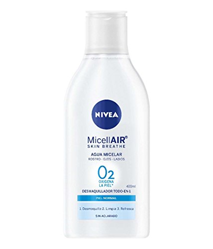 NIVEA MicellAIR Skin Breathe Agua Micelar Piel Normal (1 x 400 ml), agua micelar desmaquillante para limpieza facial, desmaquillador de ojos, rostro y labios
