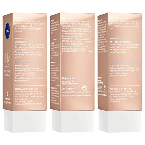 NIVEA PROFESSIONAL Ácido hialurónico, base de maquillaje profesional, 70W, pieles oscuras, maquillaje antiedad para reducir las arrugas, base para maquillaje con triple efecto antiedad, 1 x 30 ml