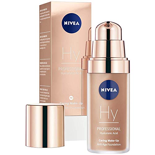 NIVEA PROFESSIONAL Ácido hialurónico, base de maquillaje profesional, 70W, pieles oscuras, maquillaje antiedad para reducir las arrugas, base para maquillaje con triple efecto antiedad, 1 x 30 ml