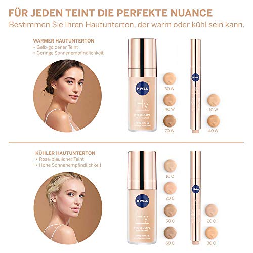 NIVEA PROFESSIONAL Ácido hialurónico, base de maquillaje profesional, 70W, pieles oscuras, maquillaje antiedad para reducir las arrugas, base para maquillaje con triple efecto antiedad, 1 x 30 ml